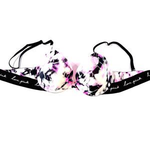 VS PINK Wear Everywhere Push Up Bra - Black White Pink Tie-Dye - 32D